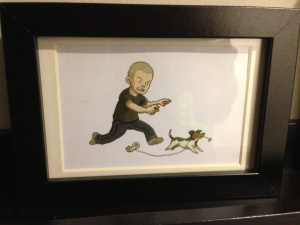 Every member of the team has a caricature of themselves on the wall. Here's Brjann's.