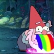 A gnome from Disney tv show Gravity Falls vomiting a rainbow.