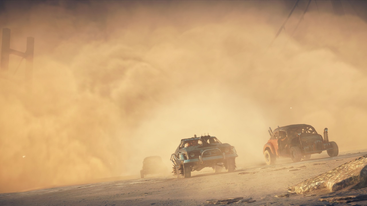 Mad Max video game screenshot of cars caught in a sandstorm