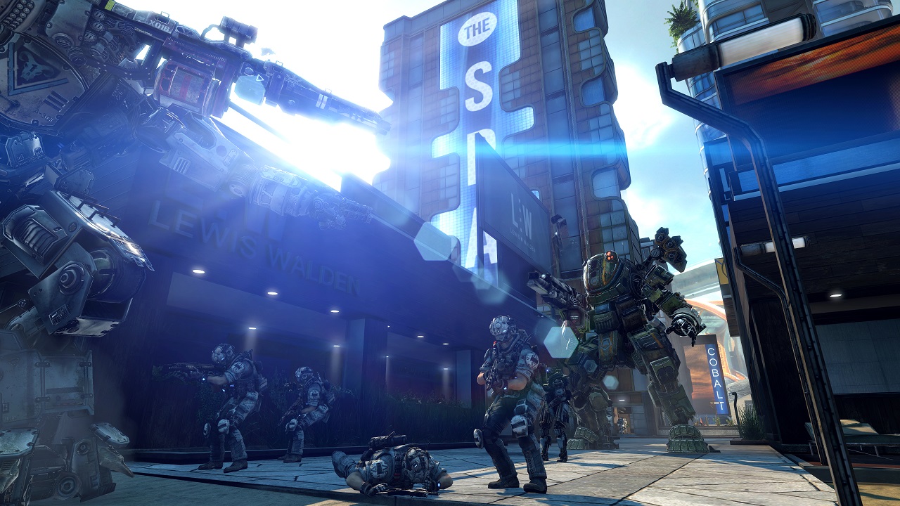 Promo image of Titans and soldiers in Titanfall
